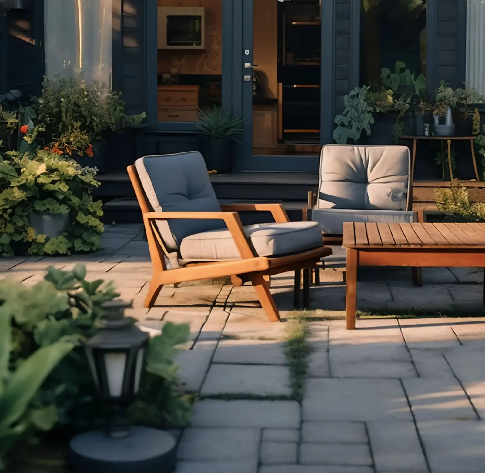Holzmöbel auf Terrasse – Liegestühle und Tisch im Garten von Garten und Freizeit