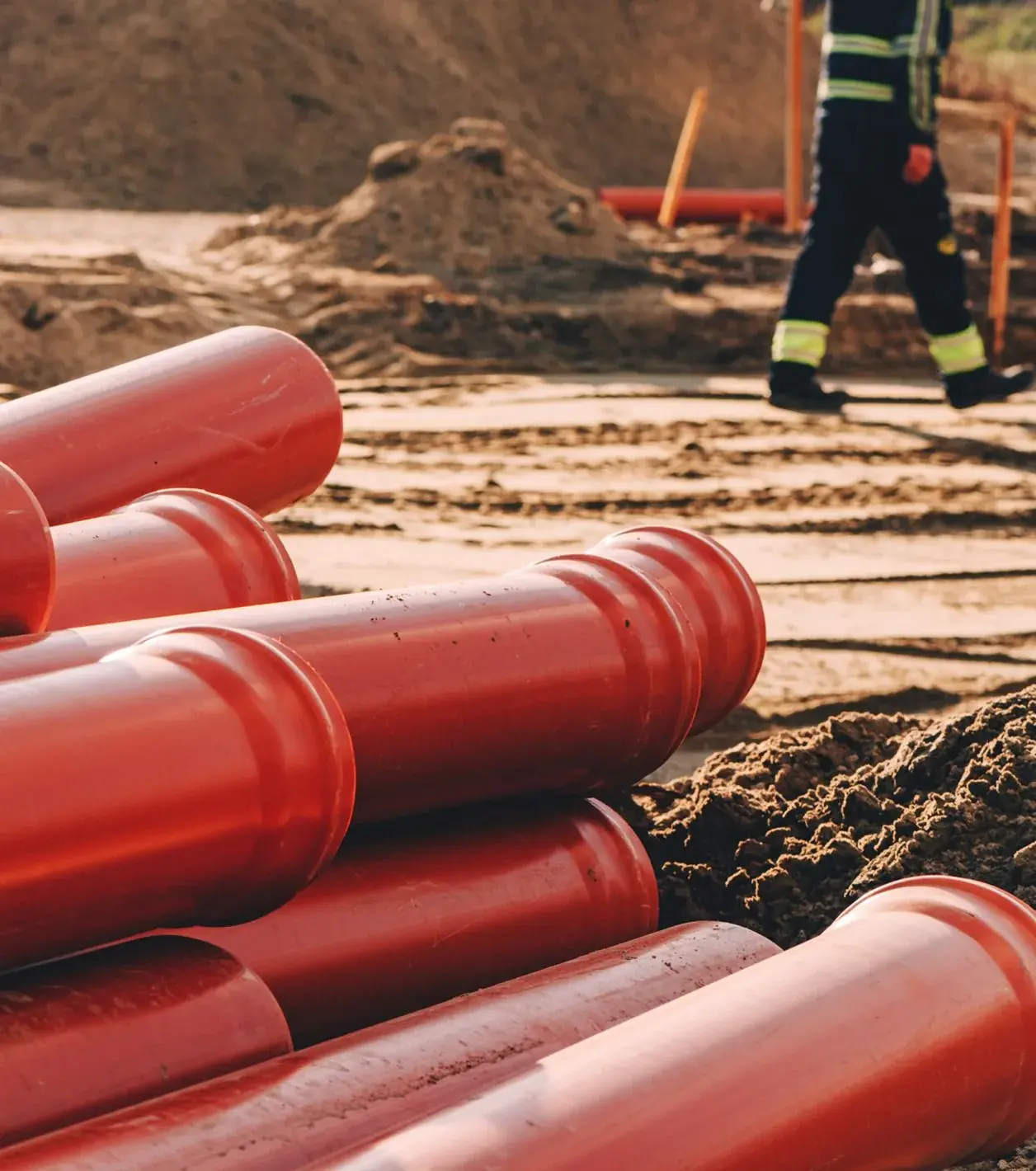 Kunststoff-Abwasserrohre auf der Baustelle zur Systemreparatur gestapelt Kunststoff-Abwasserrohre auf der Baustelle zur Systemreparatur gestapelt
