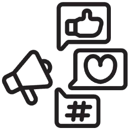 Icon: Megafon mit Likes, Herzen und Hashtag