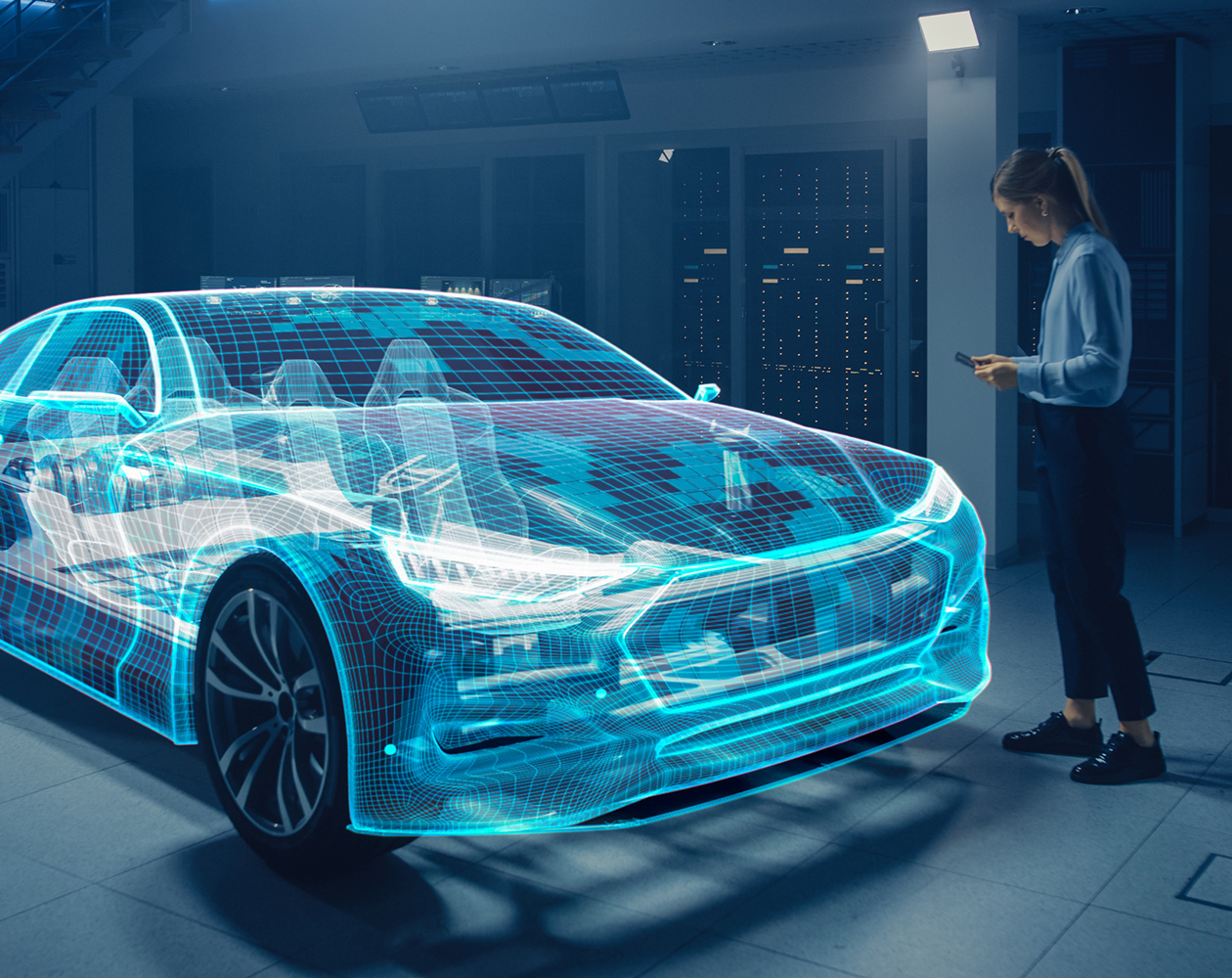 Weibliche Automobilingenieurin verwendet Digital Tablet mit Augmented Reality für Car Design