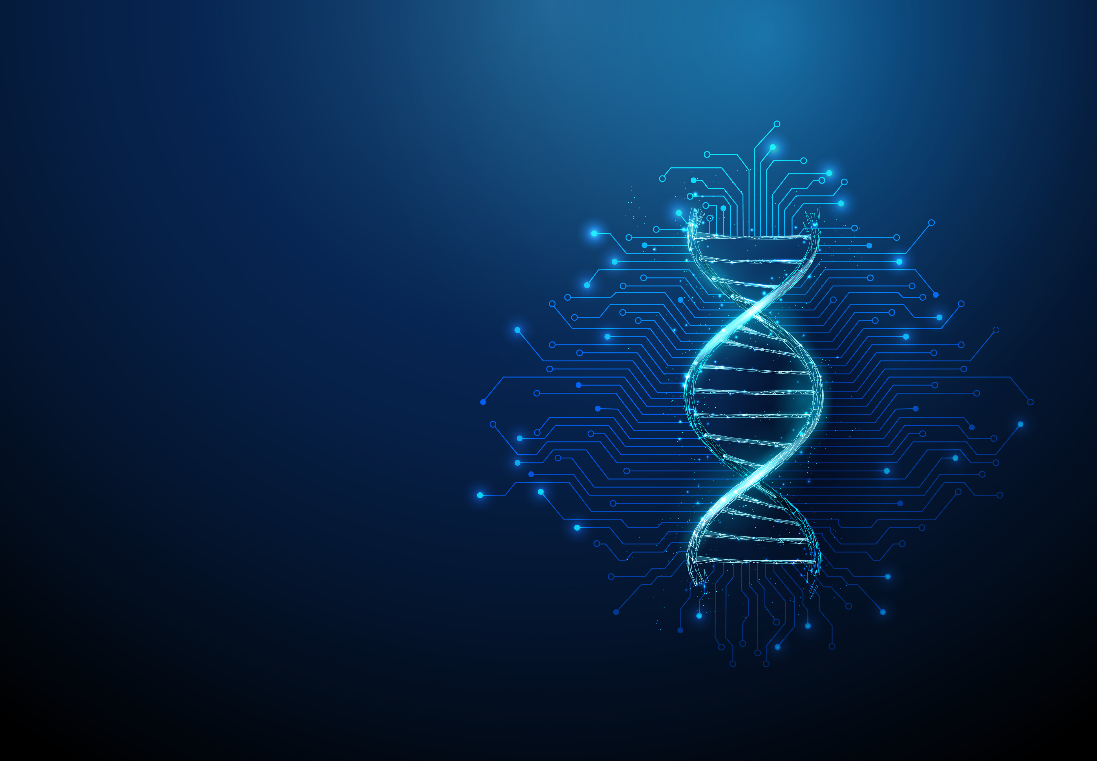 Futuristischer DNA-Strang mit elektronischen Schaltlinien Hintergrund Gentechnik, KI-gestu╠łtztes Gesundheitskonzept
