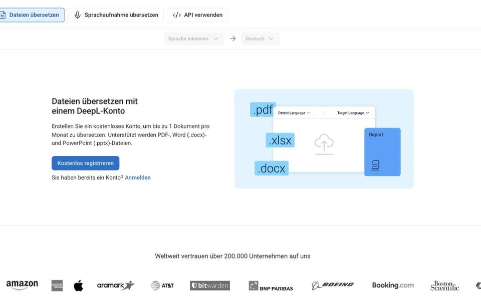 DeepL-Seite „Dateien übersetzen“ für PDF-, Word- und PowerPoint-Dateien