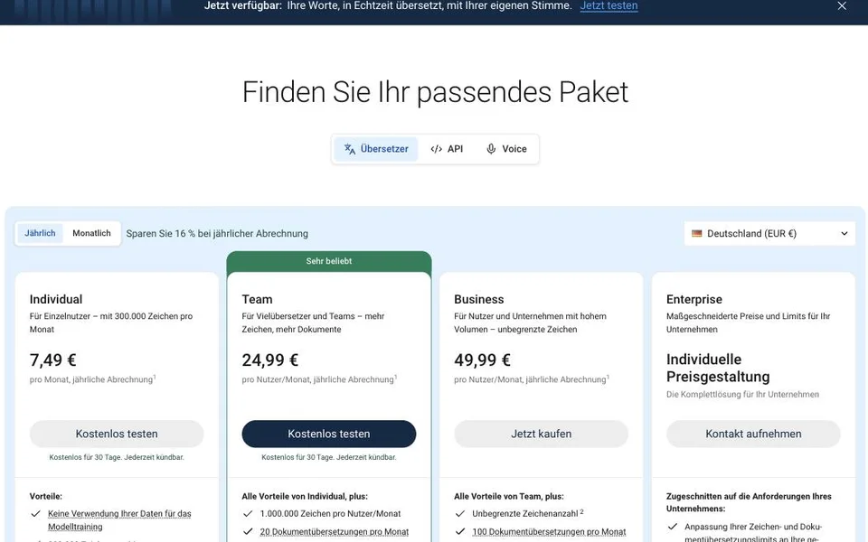 Preisübersicht von DeepL Pro mit den Paketen Individual, Team, Business und Enterprise