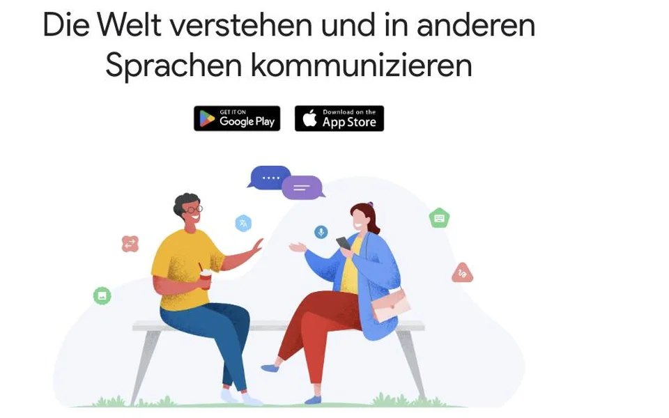 Startseite der Google-Übersetzer-App mit einer Illustration von zwei Menschen im Gespräch
