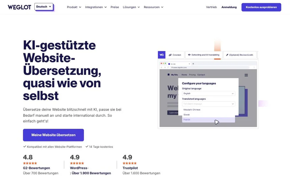 Startseite von Weglot, einem Dienst für die Übersetzung von Websites