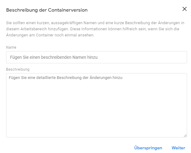 Google Tag Manager: Beschreibung Containerversion