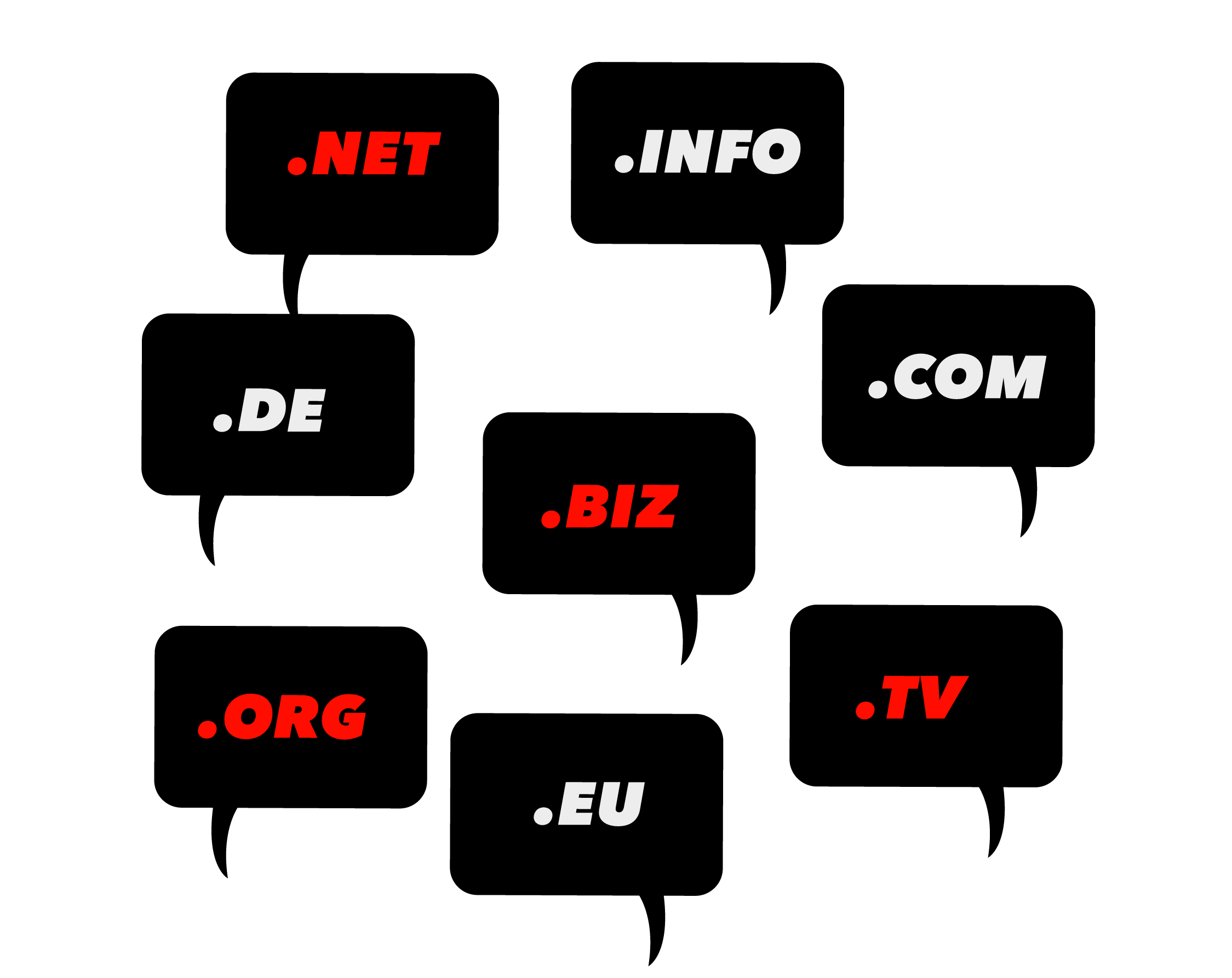 Bunte Schilder zeigen verschiedene Domain-Endungen, wie .shop, .web, .inc