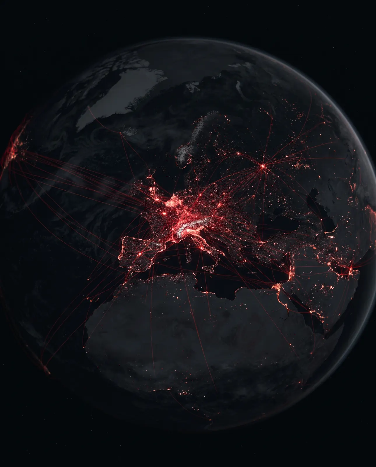 Die Erde bei Nacht, über Europa ein Netz aus feinen roten Lichtfäden – das World Wide Web als weltweites Gewebe aus Verbindungen