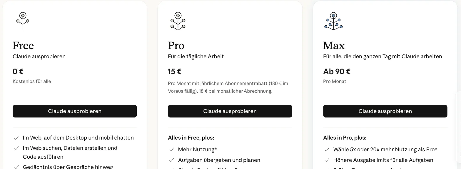 Claude-Preisseite: Free 0 €, Pro 15 € pro Monat bei jährlicher Zahlung (180 €), 18 € bei monatlicher Abrechnung, Max ab 90 € pro Monat