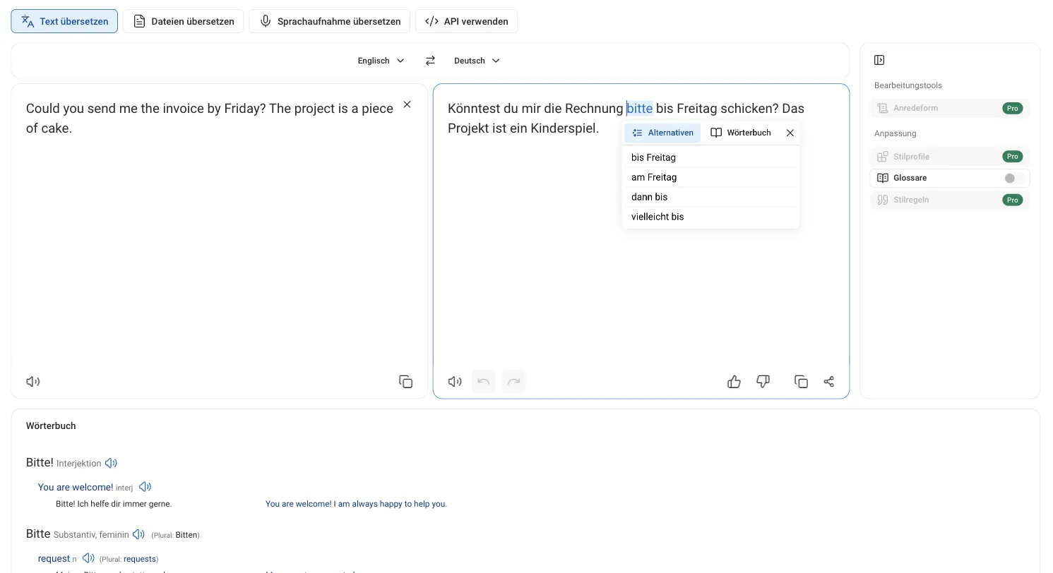 Klick auf das Wort „bitte“ in der Übersetzung öffnet Alternativen wie „bis Freitag“, „am Freitag“, darunter Wörterbucheinträge zu „Bitte“