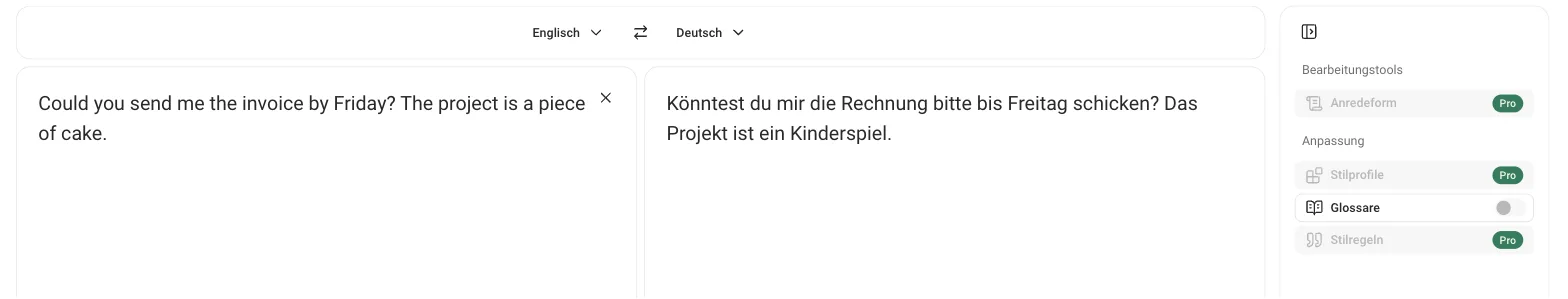 Englischer Satz „Could you send me the invoice by Friday?“ wird mit „Könntest du mir die Rechnung bitte bis Freitag schicken?“ übersetzt; die Anredeform ist als Pro markiert