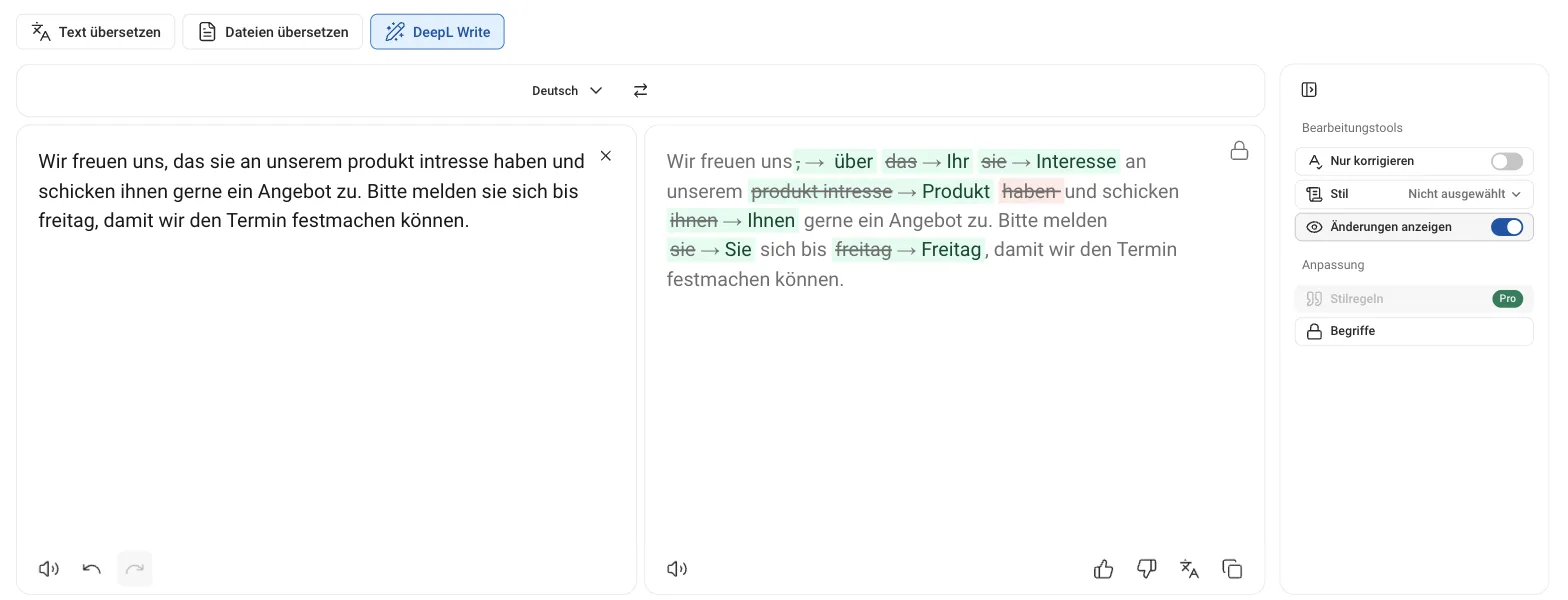 DeepL Write mit dem fehlerhaften Satz „Wir freuen uns, das sie an unserem produkt intresse haben …“ links und den markierten Korrekturen rechts