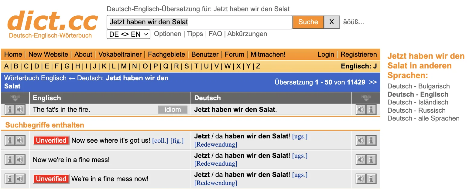 dict.cc-Ergebnis „Jetzt haben wir den Salat“: The fat's in the fire. [idiom]; darunter „Suchbegriffe enthalten“ mit Now see where it's got us! (Unverified), Now we're in a fine mess!, We're in a fine mess now! (Unverified)