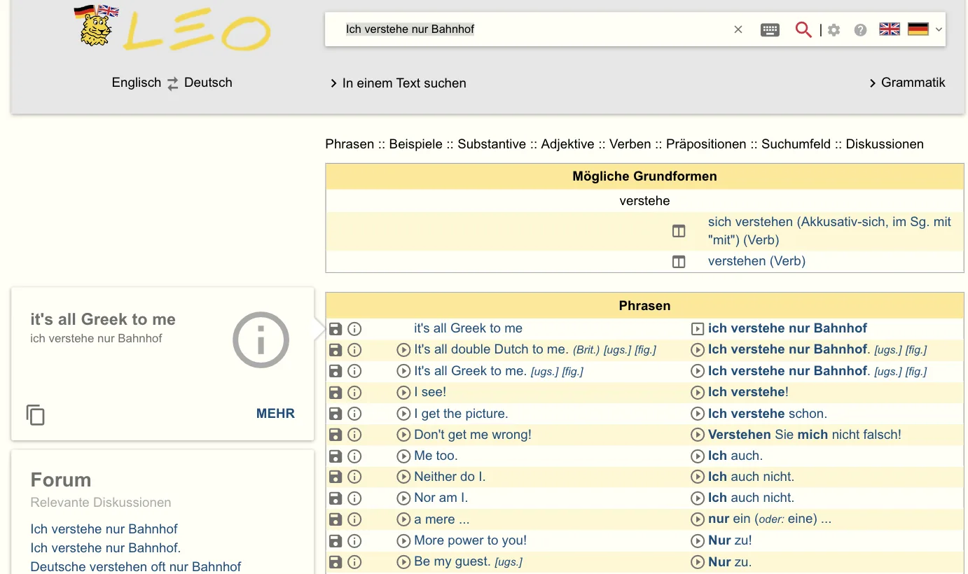 LEO-Ergebnis „Ich verstehe nur Bahnhof“: Phrasen „it's all Greek to me“, „It's all double Dutch to me. (Brit.)“, „It's all Greek to me.“; links vier Forumsdiskussionen zum Thema