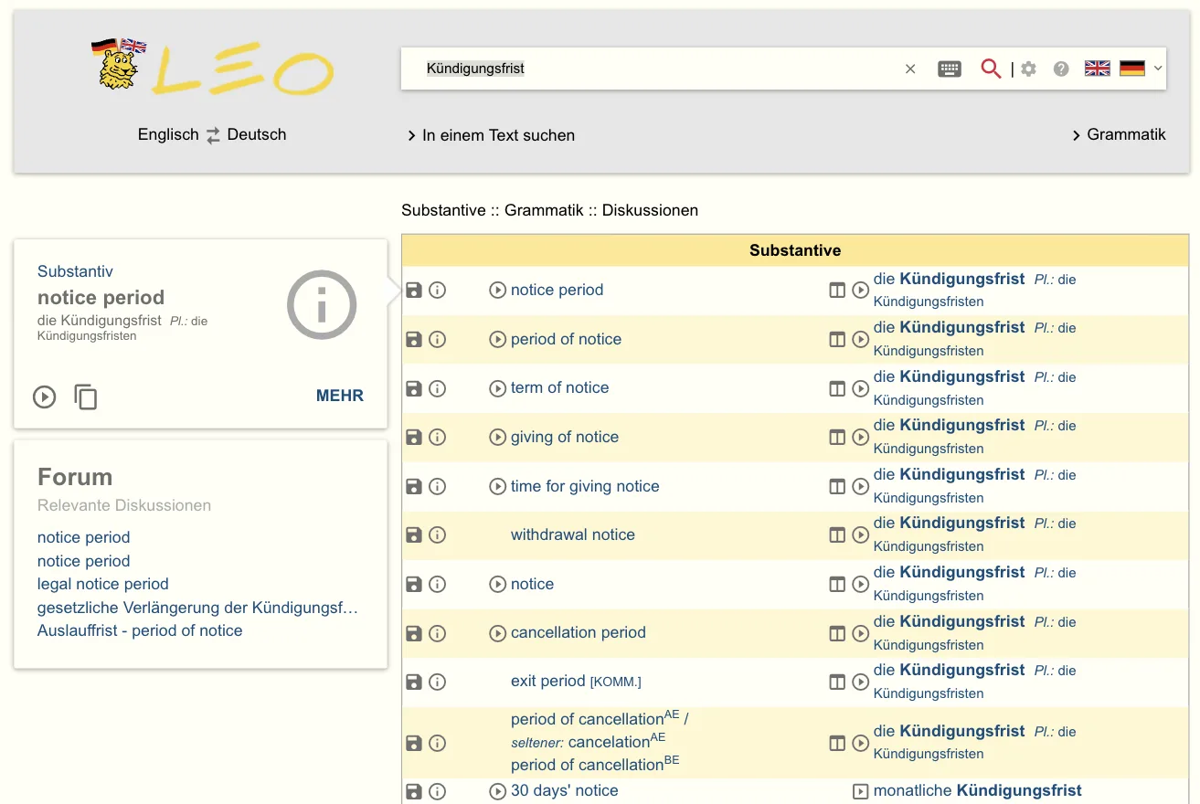 LEO-Ergebnis „Kündigungsfrist“: Tabelle Substantive mit notice period, period of notice, term of notice, giving of notice, cancellation period, period of cancellation (AE/BE) und Abspielsymbolen; links Karte „notice period“ und „Forum – Relevante Diskussionen“