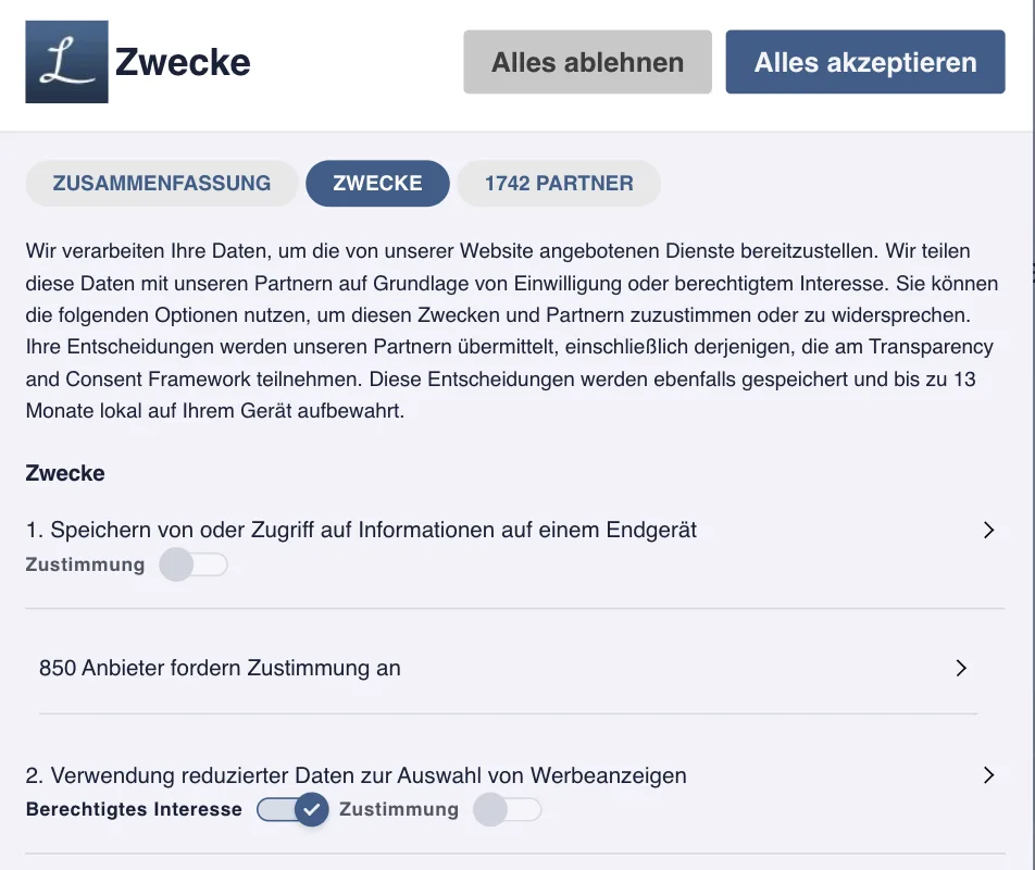 Linguee-Einwilligungsdialog, Ebene „Zwecke“: Knöpfe „Alles ablehnen“ und „Alles akzeptieren“, Reiter „1742 Partner“; bei Zweck 2 und 3 ist der Schalter „Berechtigtes Interesse“ bereits eingeschaltet