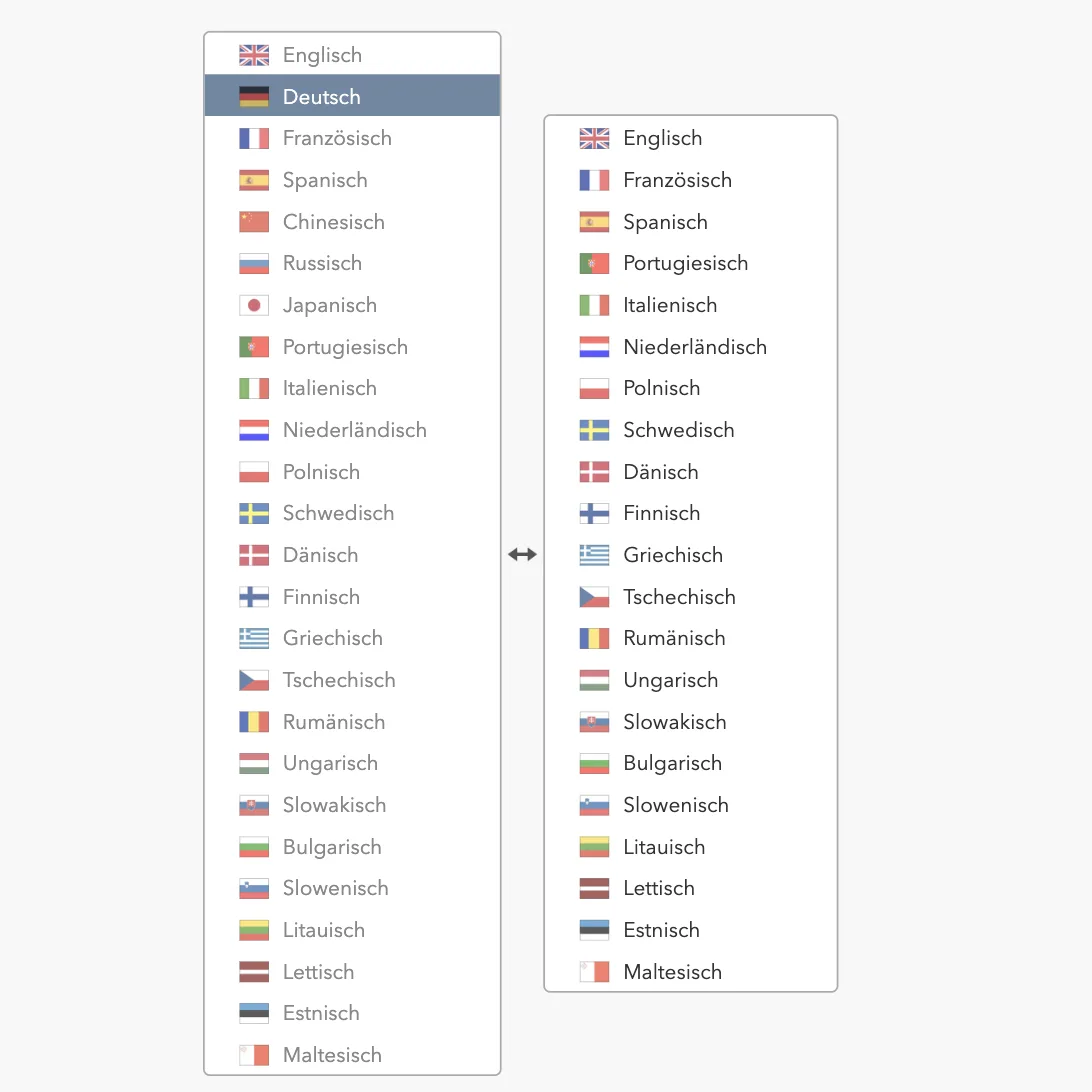 Linguee-Sprachauswahl „Weitere Sprachen“: links 25 Sprachen, rechts nach Klick auf Deutsch 21 Partnersprachen von Englisch bis Maltesisch, ohne Chinesisch, Russisch, Japanisch