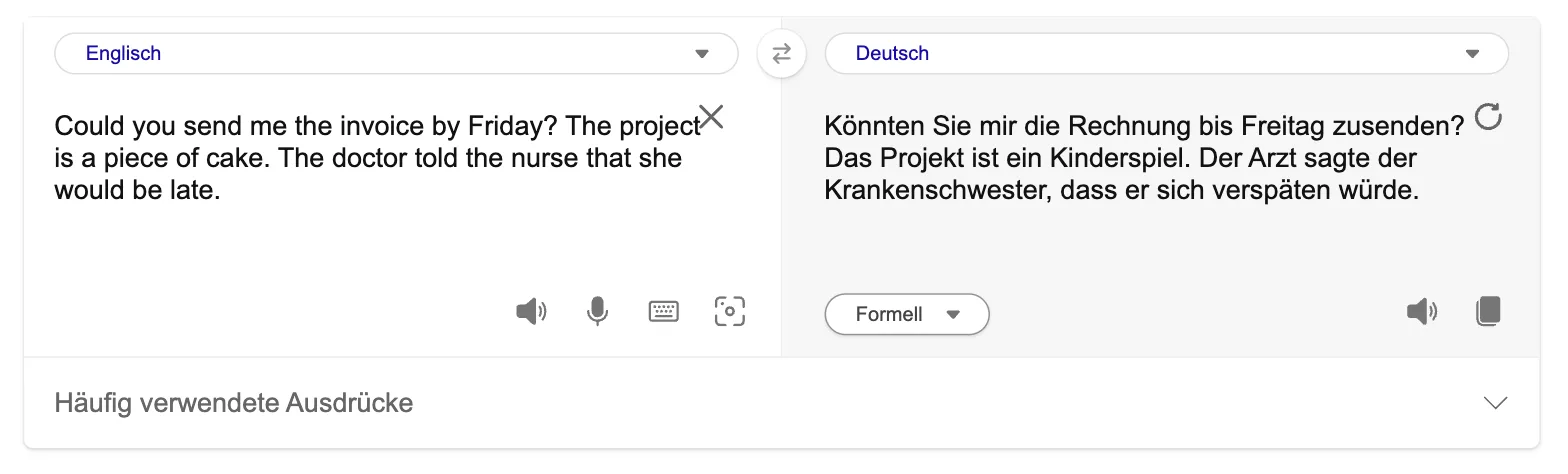 Derselbe Text mit Tonauswahl „Formell“: „Könnten Sie mir die Rechnung bis Freitag zusenden? …“, weiterhin „dass er sich verspäten würde“