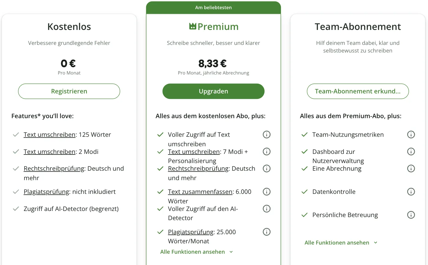 QuillBot-Tarife: Kostenlos 0 € pro Monat, Premium 8,33 € pro Monat bei jährlicher Abrechnung, Team-Abonnement; Leistungen wie Text umschreiben, Rechtschreibprüfung, Plagiatsprüfung, AI-Detector