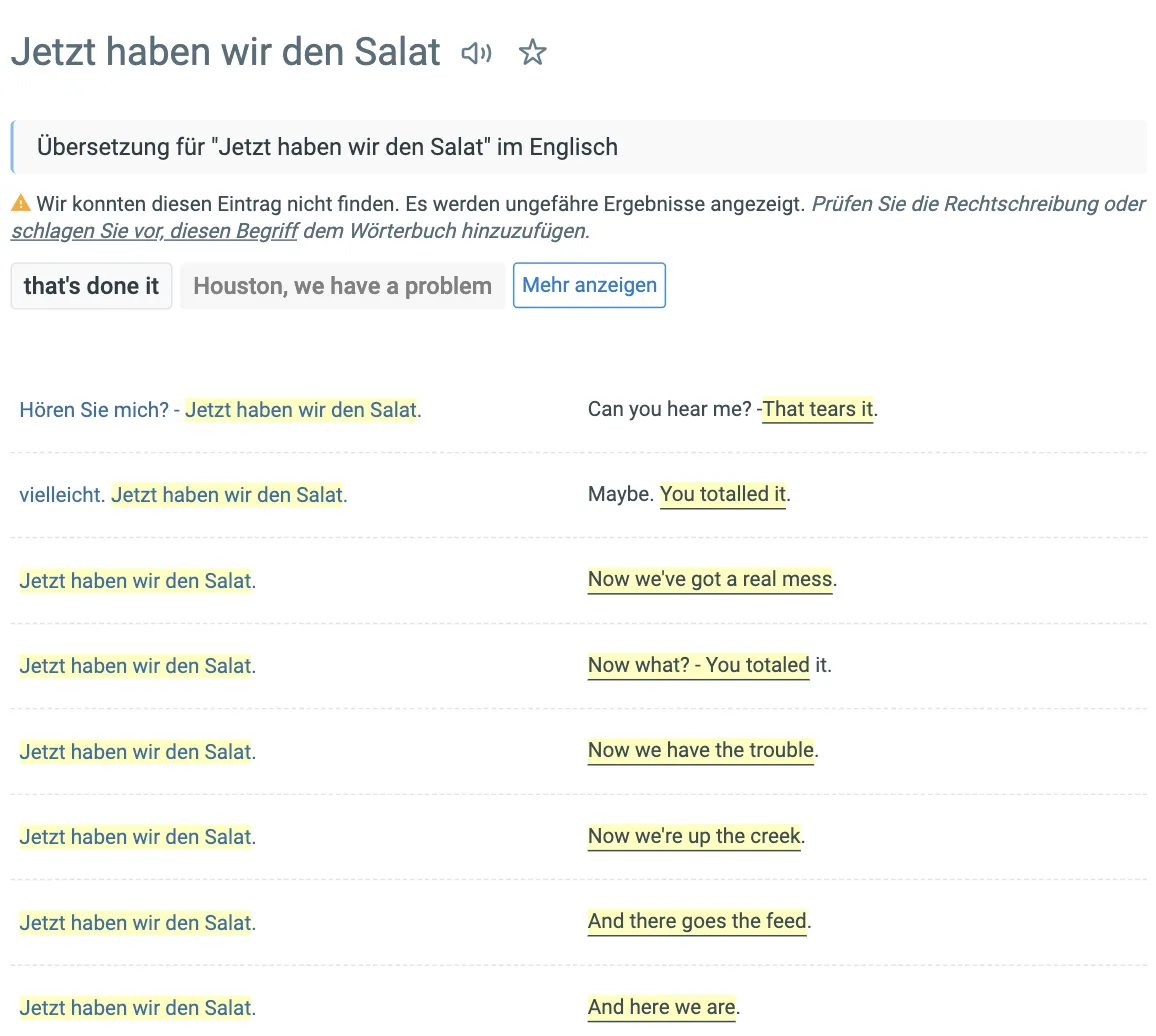 Reverso Context „Jetzt haben wir den Salat“: Hinweis „Wir konnten diesen Eintrag nicht finden. Es werden ungefähre Ergebnisse angezeigt.“; Vorschläge „that's done it“ und „Houston, we have a problem“; Satzpaare mit That tears it, You totalled it, Now we've got a real mess, Now we're up the creek