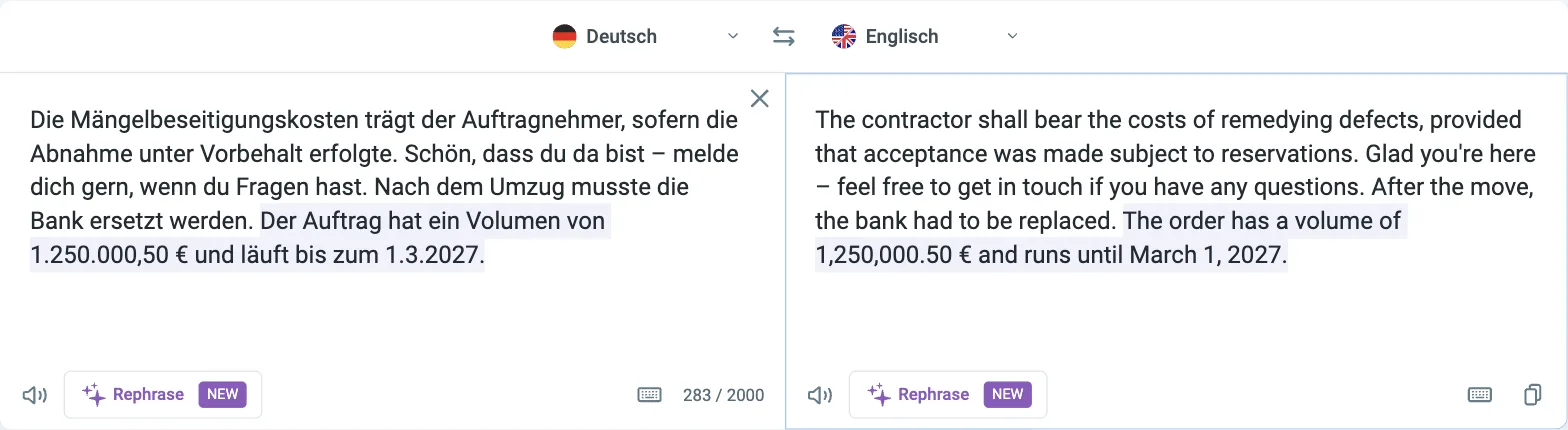 Reverso Übersetzer mit vier Testsätzen: Fachsatz zu Mängelbeseitigungskosten, Du-Satz, „Bank“-Satz und Auftragsvolumen mit Datum; Ergebnis u. a. „the bank had to be replaced“ und „runs until March 1, 2027“