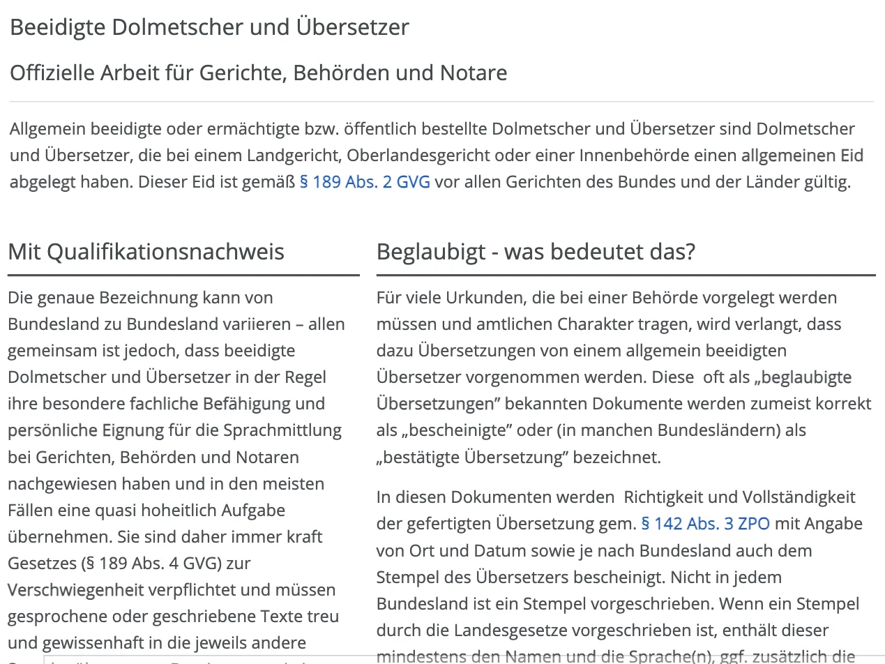 BDÜ-Seite „Beeidigte Dolmetscher und Übersetzer“: Erklärung der Begriffe allgemein beeidigt, ermächtigt, öffentlich bestellt; Abschnitt „Beglaubigt – was bedeutet das?“ mit dem Hinweis auf „bescheinigte“ Übersetzung nach § 142 Abs. 3 ZPO