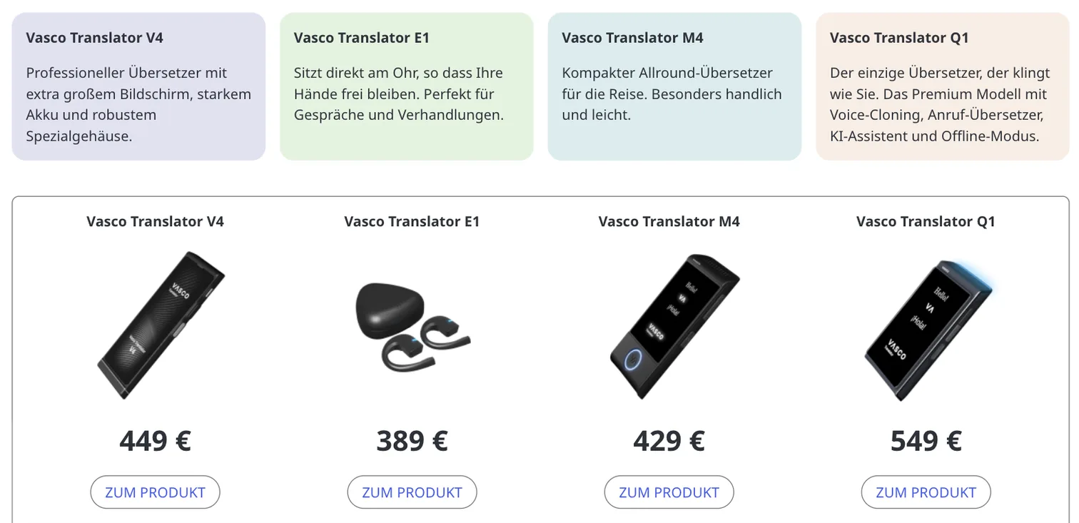 Vasco-Produktvergleich: Vasco Translator V4 für 449 €, E1-Ohrhörer für 389 €, M4 für 429 € und Q1 für 549 €