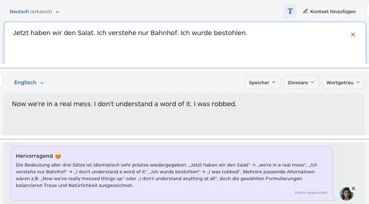 Lara Übersetzer: oben Deutsch „Jetzt haben wir den Salat. Ich verstehe nur Bahnhof. Ich wurde bestohlen.“, darunter Englisch „Now we're in a real mess. I don't understand a word of it. I was robbed.“ und der Feedback-Kasten „Hervorragend“