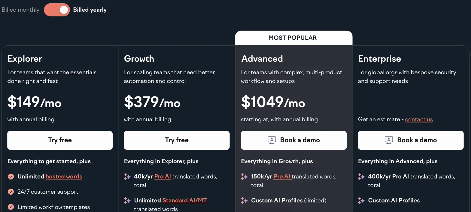 Lokalise Preisseite bei jährlicher Abrechnung: Explorer 149 $, Growth 379 $, Advanced ab 1.049 $ pro Monat, Enterprise auf Anfrage; Growth mit 40.000 Pro-AI-Wörtern pro Jahr, Advanced mit 150.000