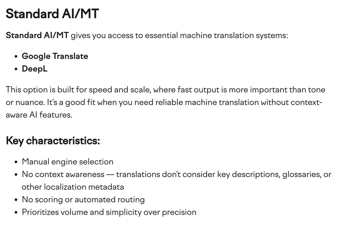 Lokalise-Hilfe: Standard AI/MT bietet Google Translate und DeepL; manuelle Auswahl, kein Kontext, keine Bewertung