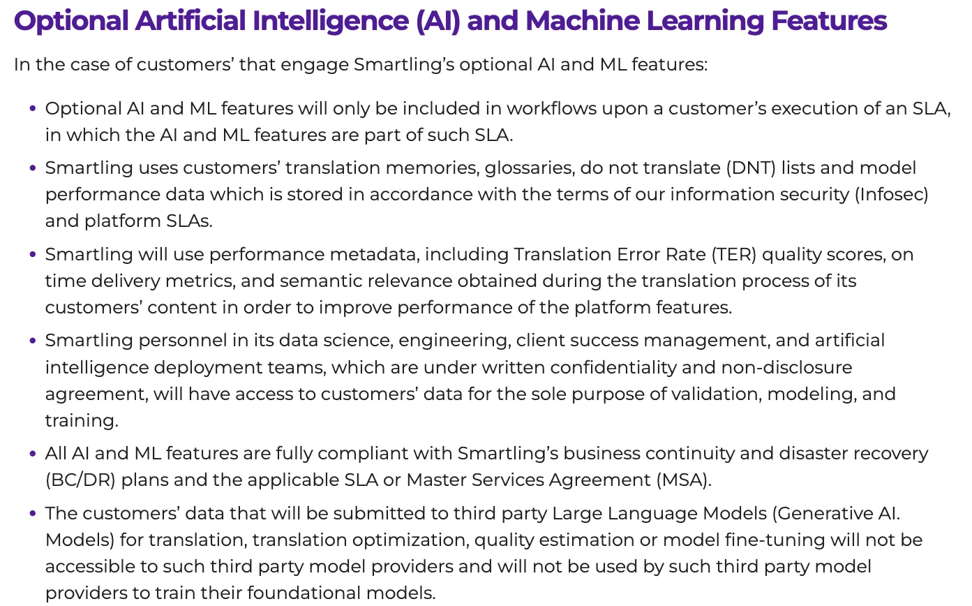 Smartling-Datenschutzerklärung, Abschnitt zu optionalen KI-Funktionen: nur per SLA; Mitarbeitende haben Zugriff auf Kundendaten zur Validierung, Modellierung und zum Training; Drittanbieter-Sprachmodelle trainieren nicht mit Kundendaten
